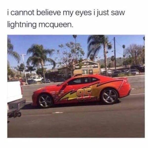 A funny Disney meme of a real car designed to look exactly like Lightning McQueen from "Cars."