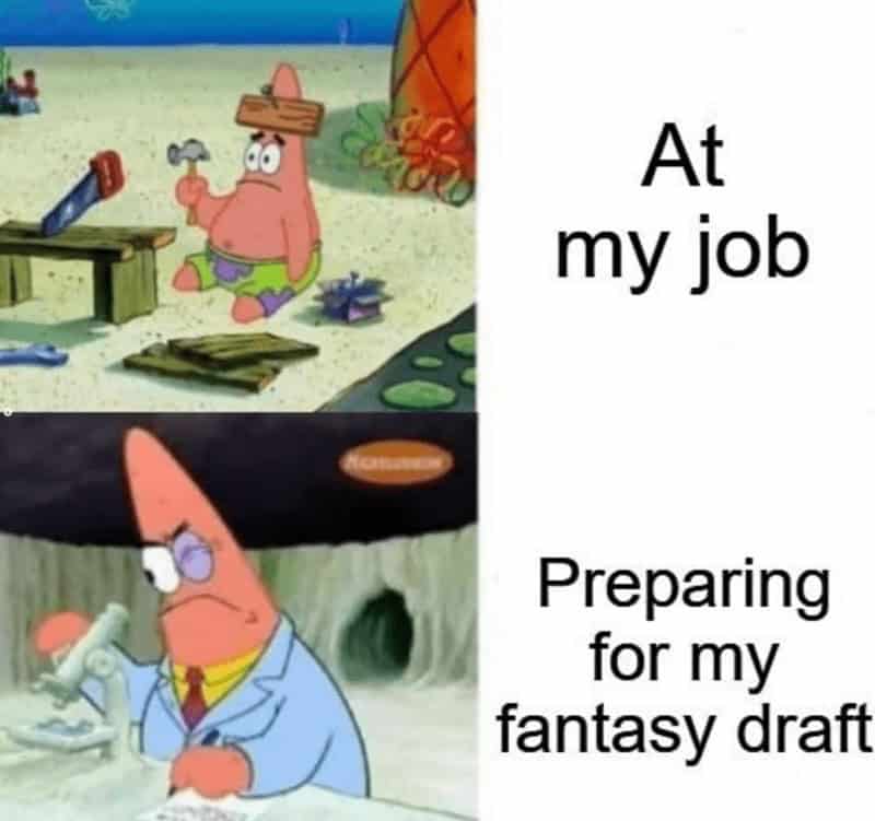 Two panels of a cartoon starfish: lazy at work vs intensely studying with “Preparing for my fantasy draft.”