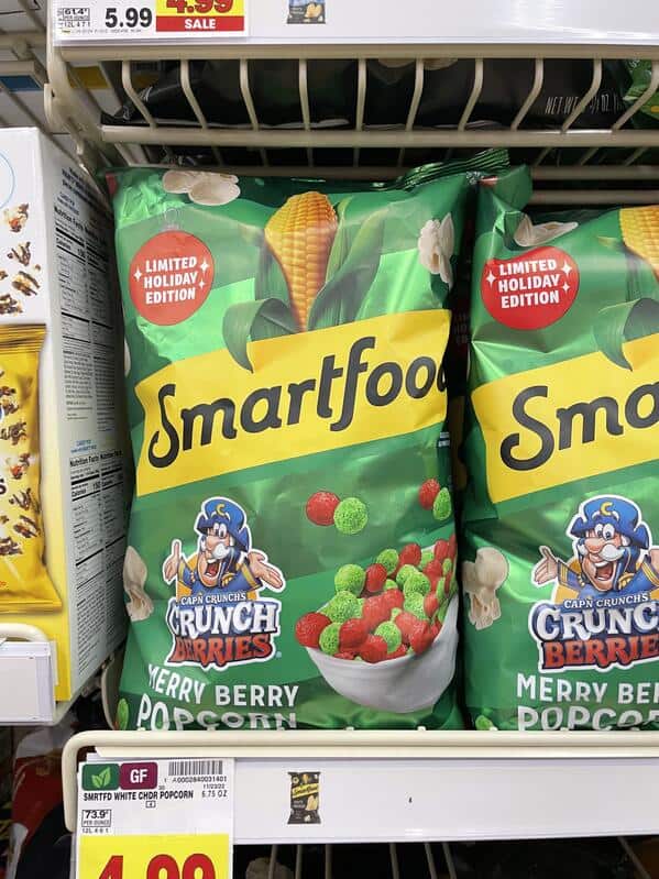 A funny food combination of Smartfood popcorn mixed with the flavor of Cap'n Crunch's Crunch Berries cereal.
