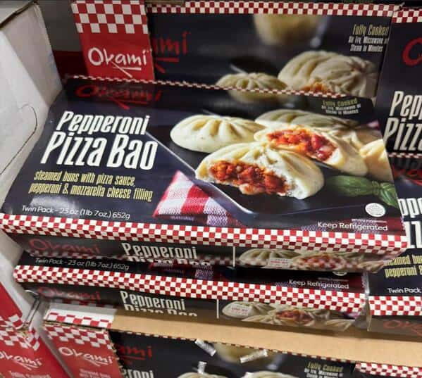 A strange food fusion product: frozen steamed bao buns filled with pepperoni pizza ingredients like mozzarella and sauce.