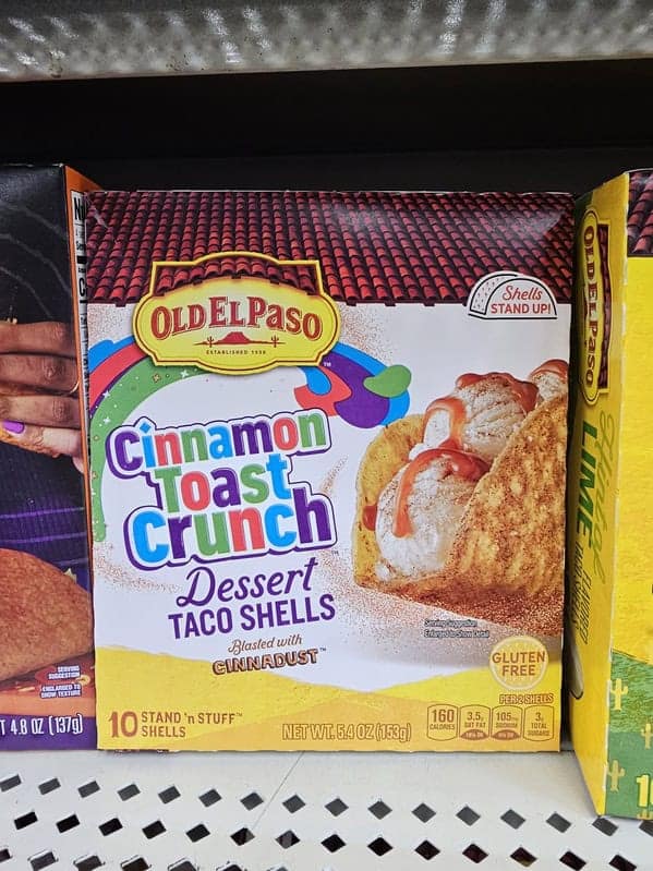 A weird food product from Old El Paso: dessert taco shells flavored like Cinnamon Toast Crunch cereal.