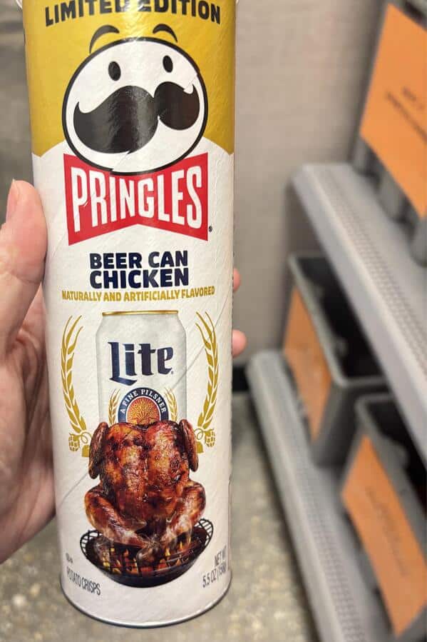 A can of limited edition Pringles with a strange Beer Can Chicken flavor in partnership with the beer brand Miller Lite.