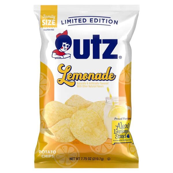A bag of very bizarre limited edition Utz brand potato chips that are shockingly flavored like lemonade.