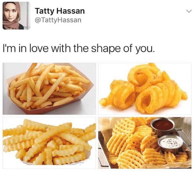 A funny food meme showing different types of fries with the caption "I'm in love with the shape of you."