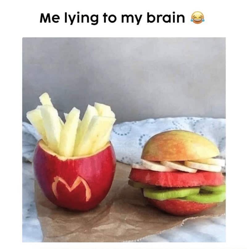 A funny food meme showing a McDonald's meal made out of healthy fruit like apples and watermelon.
