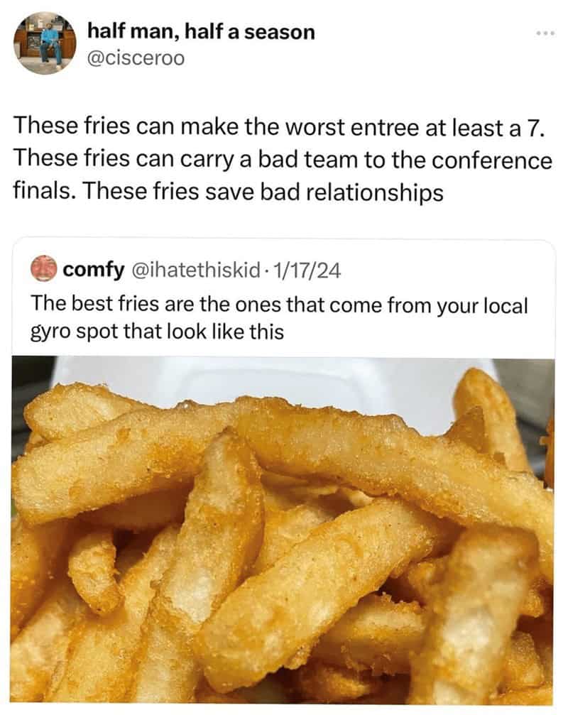 A funny food meme tweet praising the incredible power of fries from a local gyro spot.