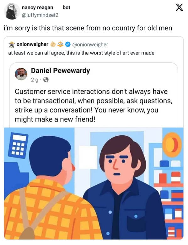 Tweet mocking a corporate illustration of two people chatting in a store.