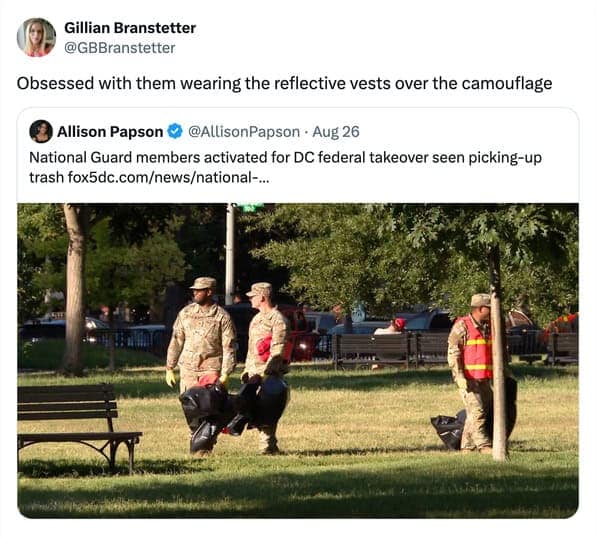 Guards in camouflage wearing bright reflective vests while picking up trash in a park.