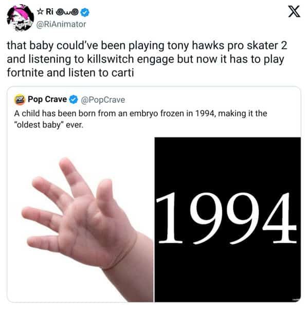 Tweet about a baby born from a 1994 embryo; images show a tiny hand and “1994.”