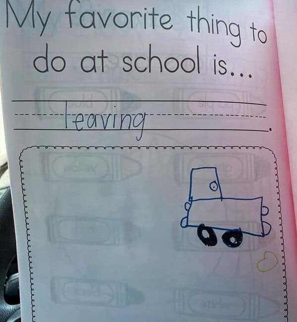 Elementary worksheet: “My favorite thing to do at school is… leaving,” with a doodle of a school bus.