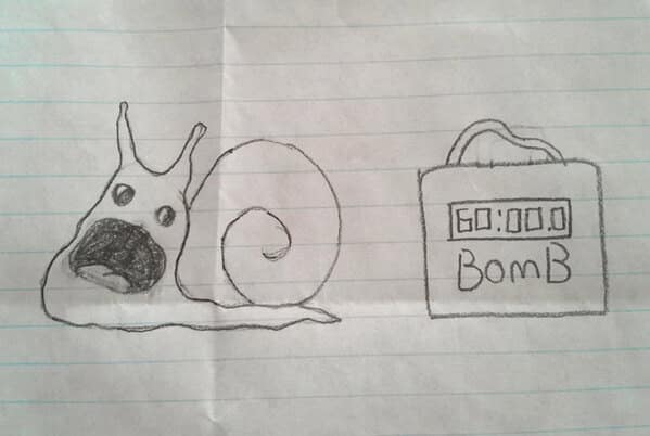 Pencil sketch of a shocked snail beside a ticking suitcase labeled “Bomb.”