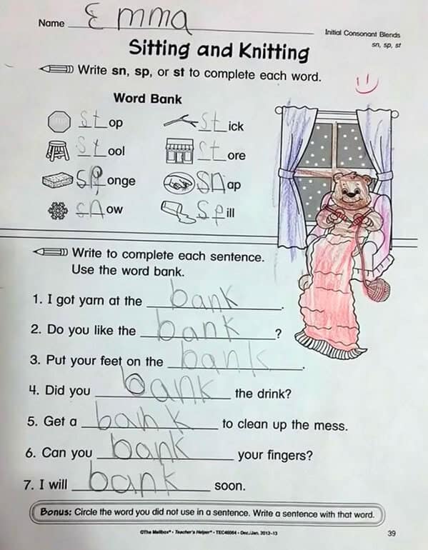 “Sitting and Knitting” worksheet; every sentence blank is filled with the word “bank.”