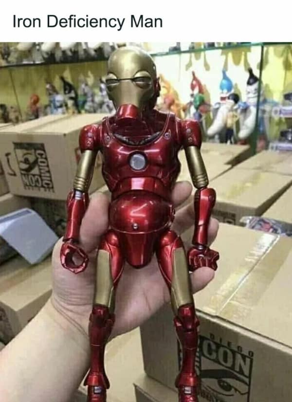 A terrible and hilarious bootleg Iron Man action figure that has a strange, elongated mask and a potbelly, appropriately named "Iron Deficiency Man."