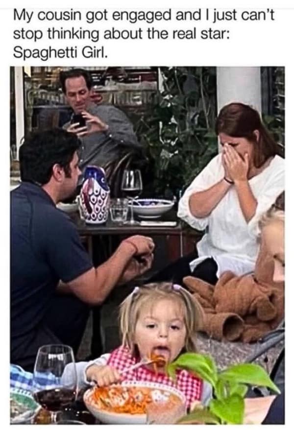 A funny and now-iconic meme of a public marriage proposal where a little girl in the foreground, "Spaghetti Girl," completely steals the show.