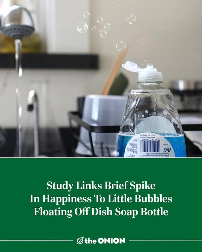 A funny and wholesome headline from The Onion about the simple joy and happiness of seeing dish soap bubbles.