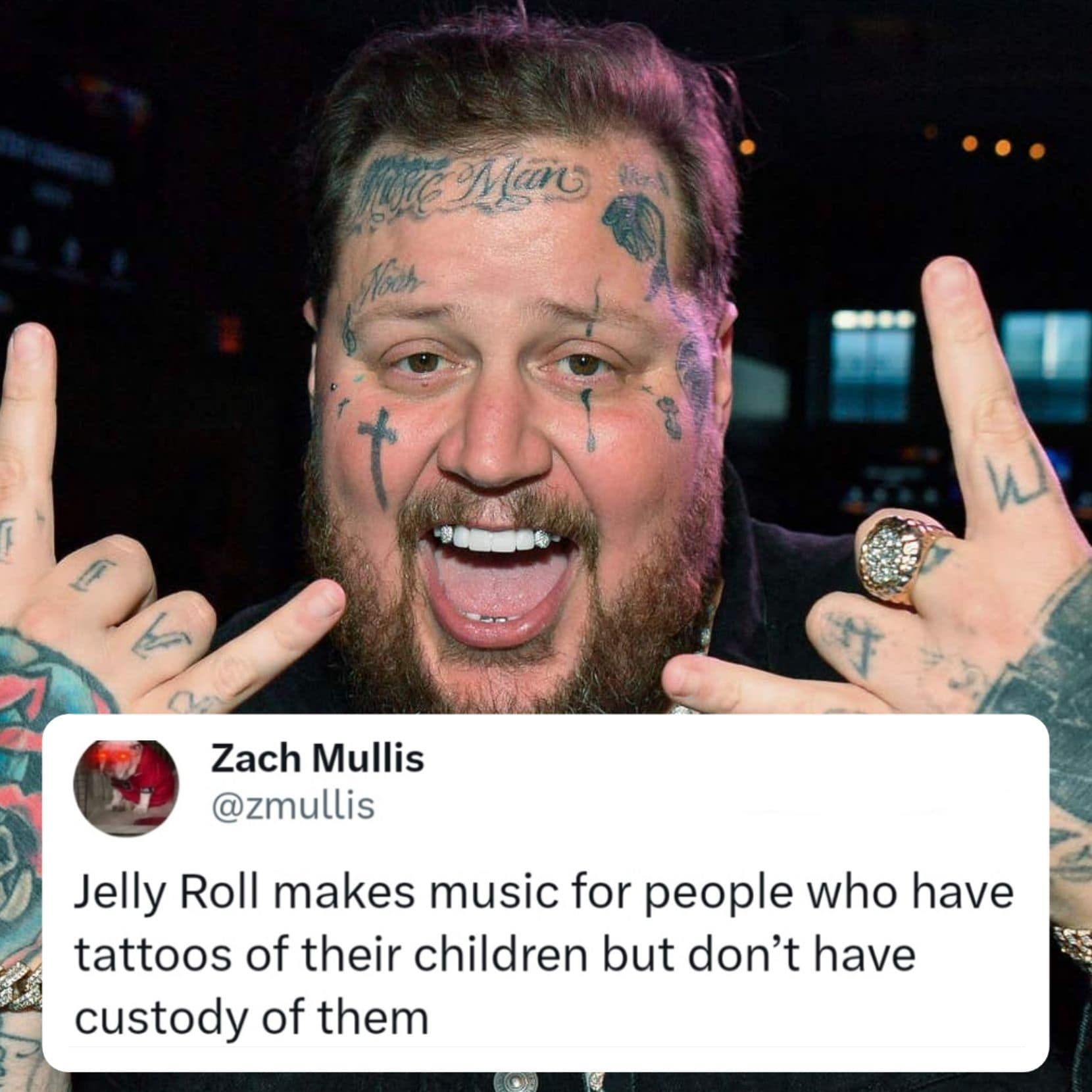 A screenshot of a tweet that contains a very specific, creative, and hilarious roast of the popular country musician Jelly Roll and his particular fanbase.