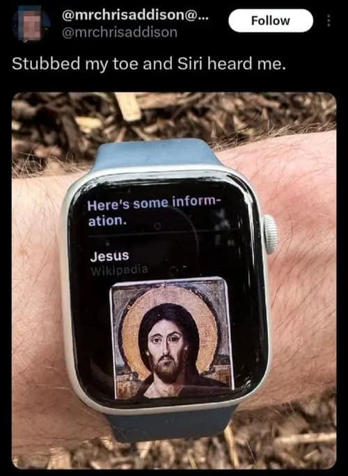 A funny and relatable screenshot of an Apple Watch where Siri overheard someone stub their toe and immediately did a search for Jesus.