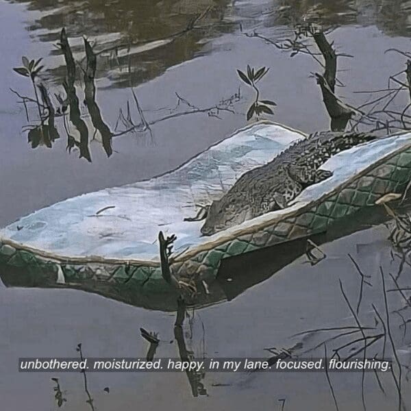 A funny meme of an alligator relaxing on a discarded mattress in a swamp and just living his best life.