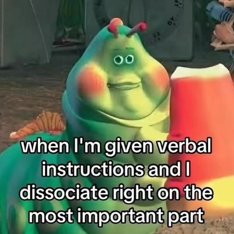 A relatable meme of Heimlich from A Bug's Life zoning out during the most important part of instructions.