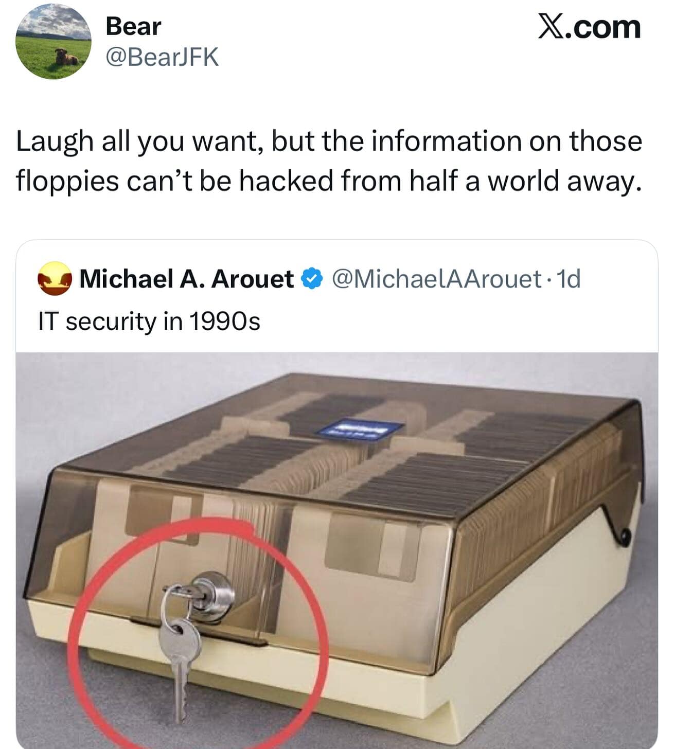 A funny tweet about old-school IT security in the 1990s, with a reply pointing out that a physically locked floppy disk box is actually very secure.