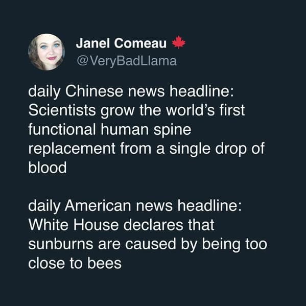 A funny meme comparing the different types of fake and sensationalist news headlines you might see from China versus America.