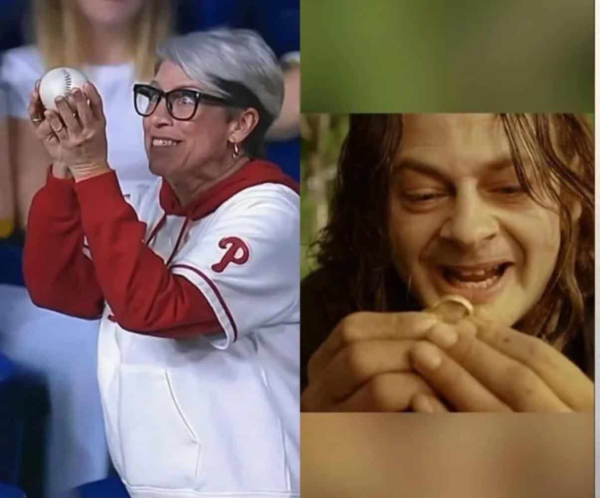 A funny "Lord of the Rings" meme comparing a baseball fan who caught a ball to Smeagol holding his "precious" One Ring.