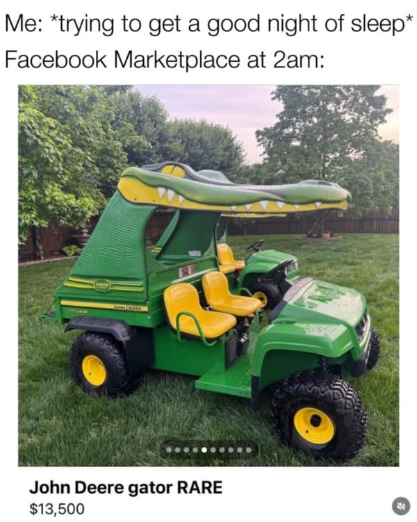 A funny meme about the weird things you find on Facebook Marketplace at 2am, like a gator-shaped vehicle.