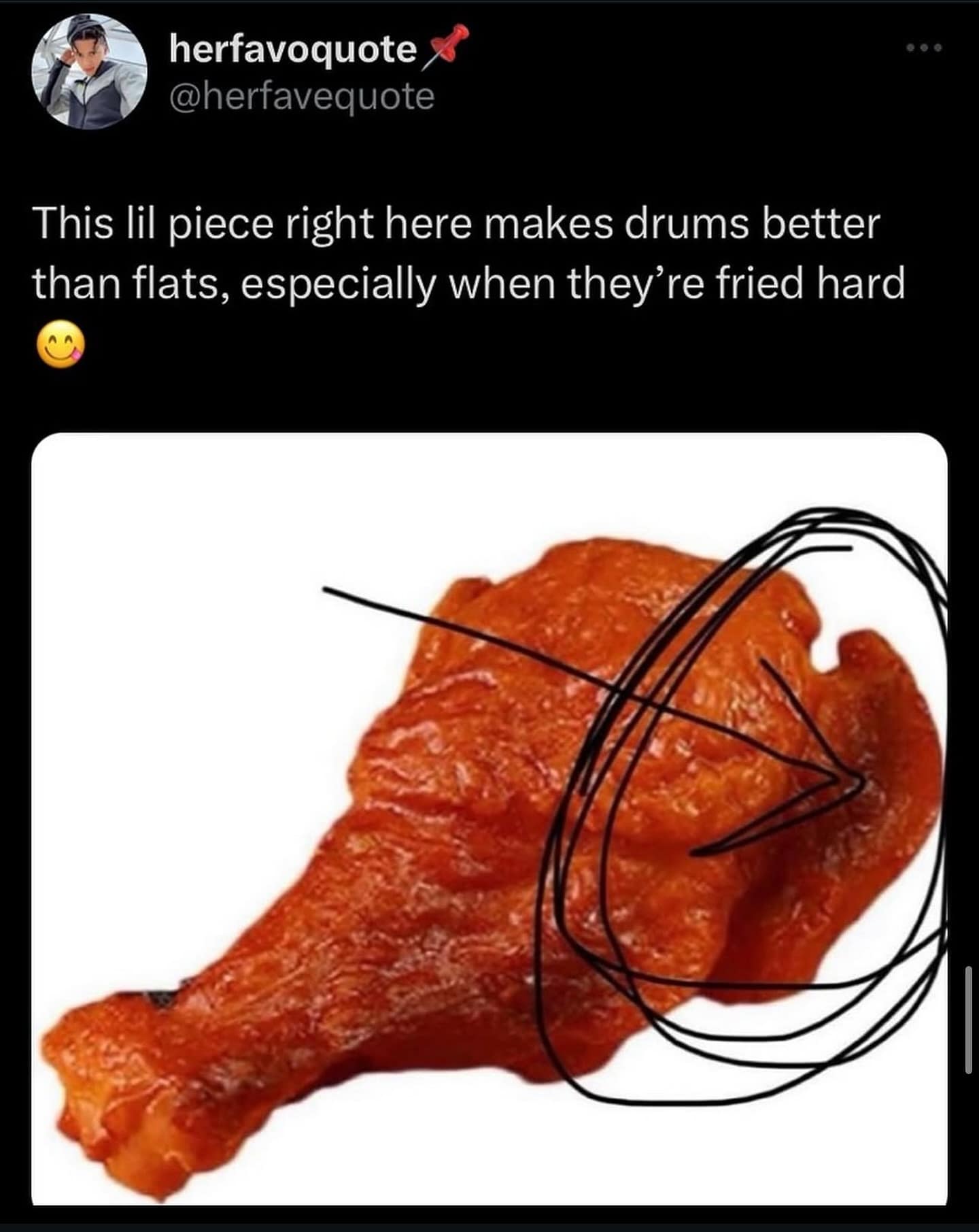 A tweet about chicken wings arguing that the crispy flap makes drums superior to flats.