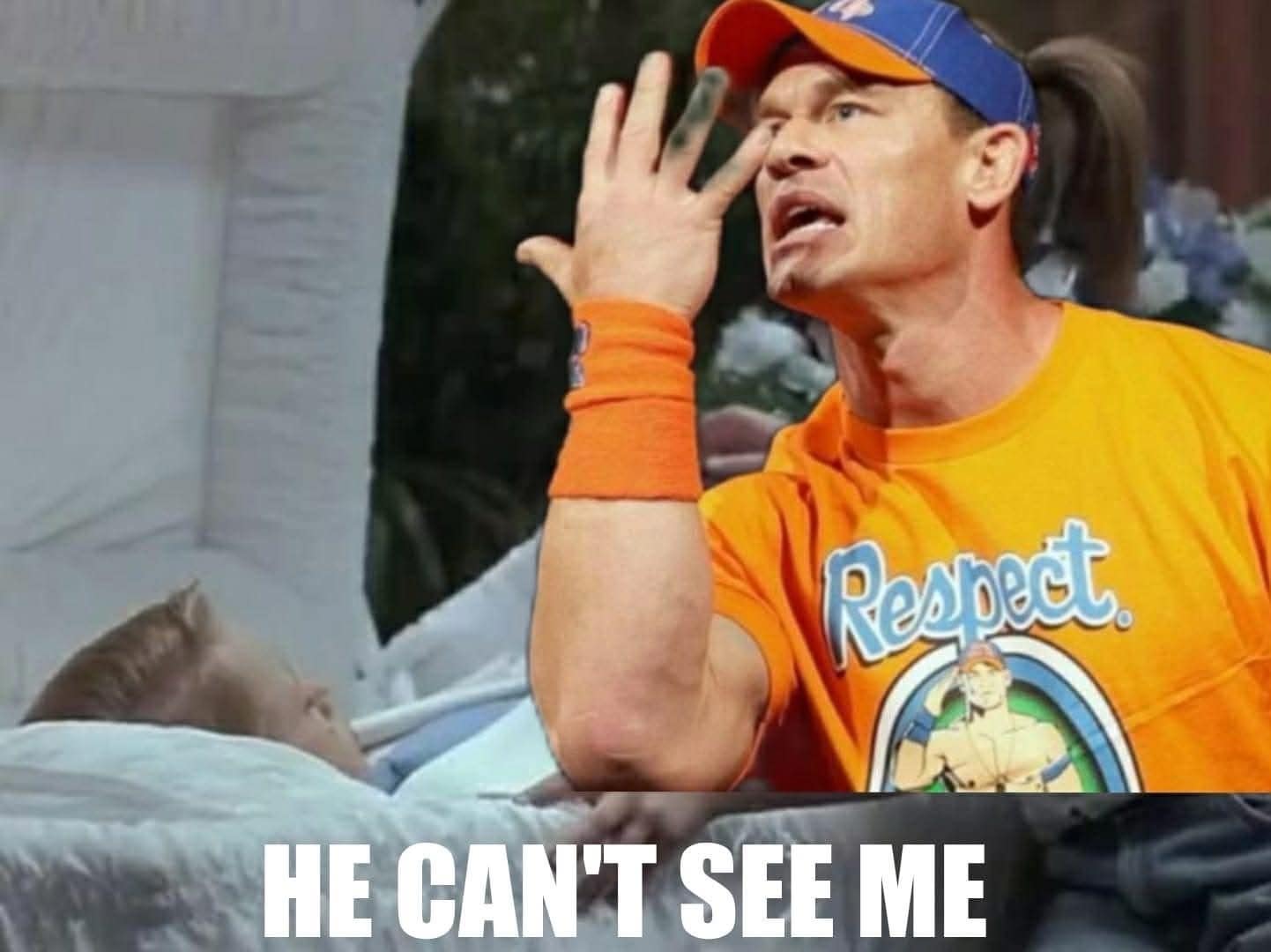 A very dark humor meme of the wrestler John Cena doing his famous "You Can't See Me" taunt to a young child who is lying in a casket.