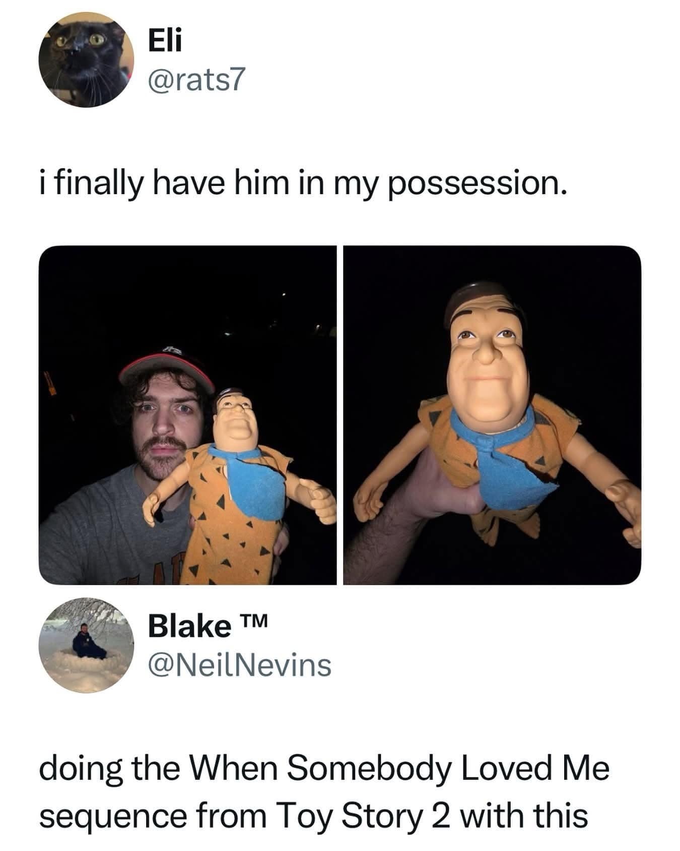 A funny meme about a creepy-looking Fred Flintstone doll and a suggestion to make a sad "Toy Story 2" video with it.