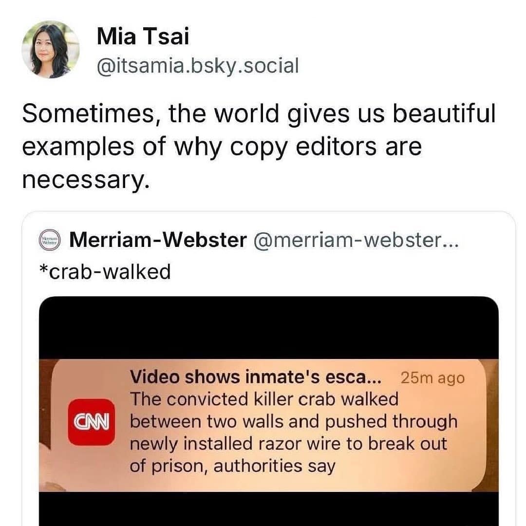 A funny grammar meme showing how a missing hyphen in a CNN alert created a "killer crab."