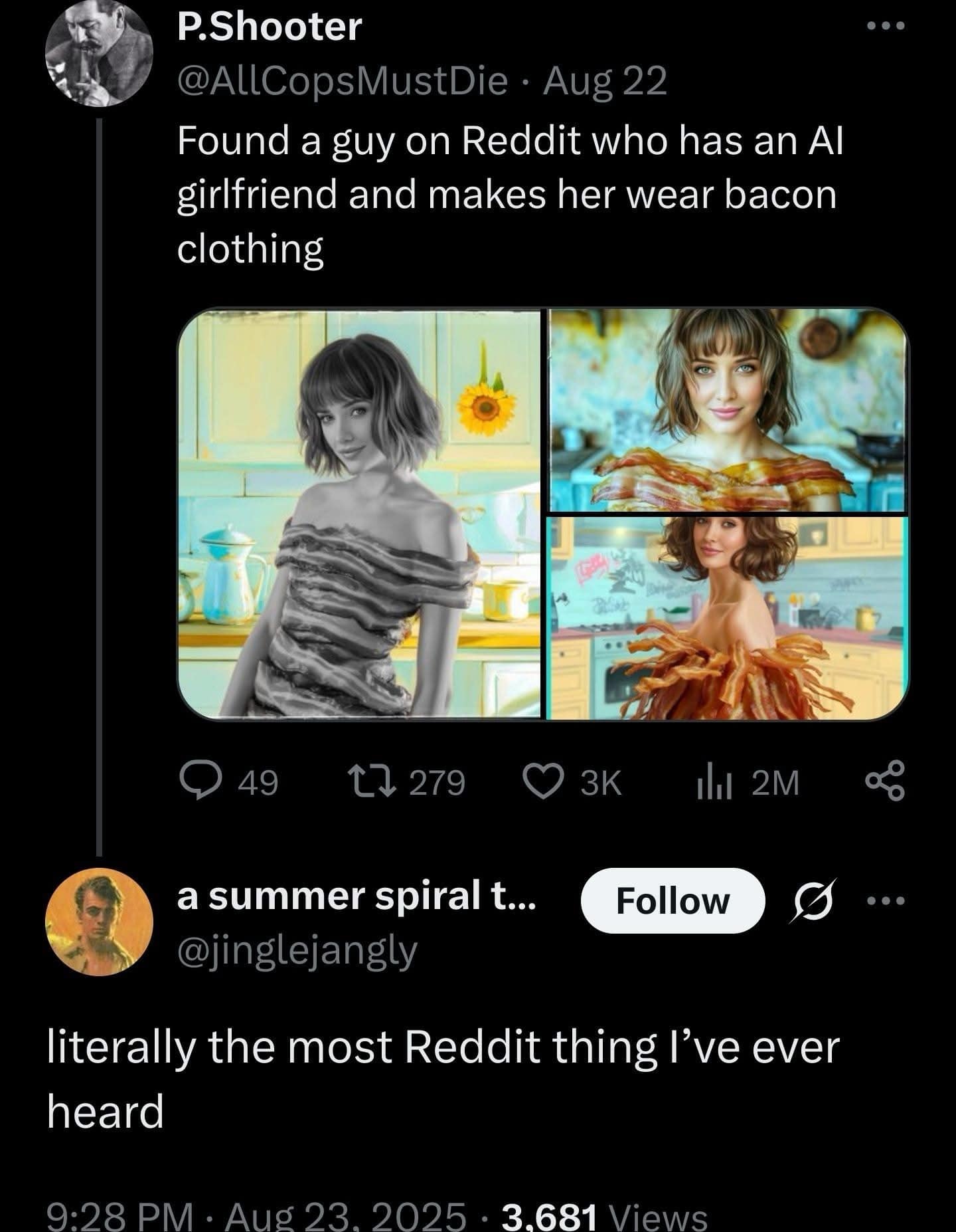 A funny meme about a Reddit user who has a strange AI girlfriend that he makes wear clothes made out of bacon.