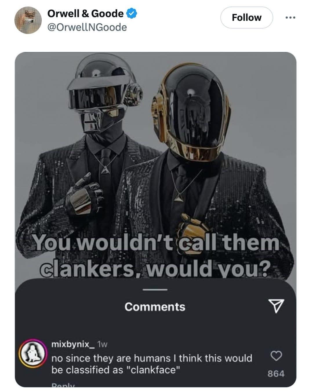 A funny Daft Punk meme using a Star Wars slur, with a comment suggesting the term "clankface."
