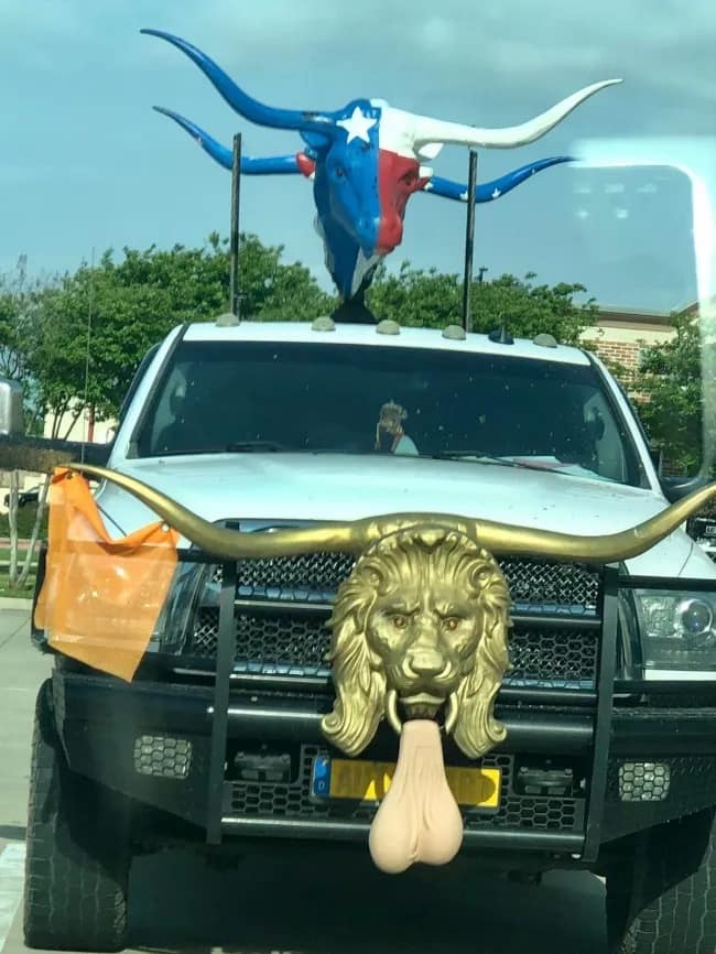 A funny picture of an overly decorated pickup truck with longhorns and a golden lion head with truck nuts.
