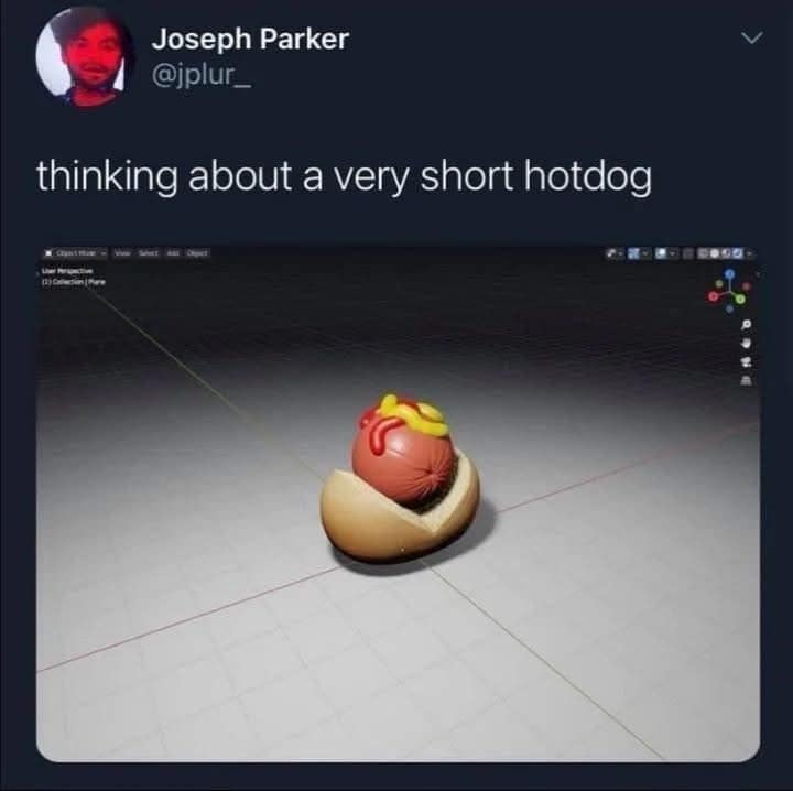 A funny and random tweet about a 3D render of a very short, stubby, and round little hot dog.