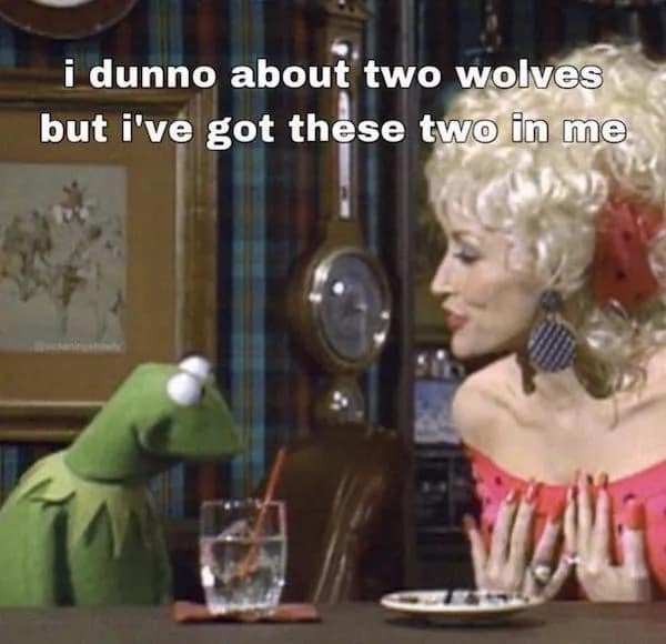 A hilarious meme that rejects the classic "two wolves" metaphor, instead claiming to have the personalities of Dolly Parton and Kermit the Frog inside them.