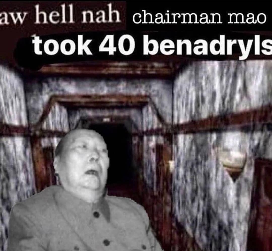 A surreal and chaotic "aw hell nah" meme featuring Chairman Mao in a creepy video game hallway.