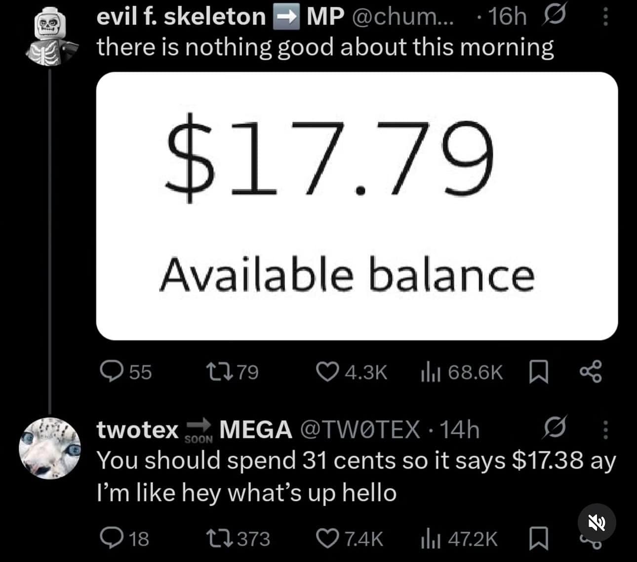 A screenshot of a funny Twitter exchange where a user suggests that someone with a low bank balance should spend 31 cents just to make their balance a reference to the Fetty Wap song "Trap Queen."
