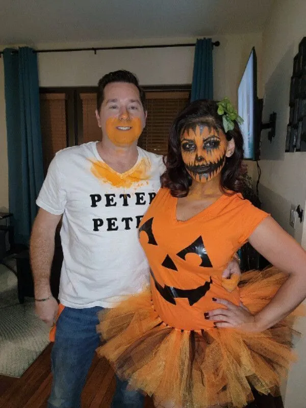 A funny and very creative couples Halloween costume for "Peter, Peter, pumpkin eater" and his pumpkin wife.