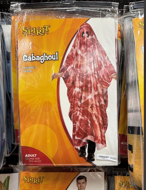A photo of a hilarious Spirit Halloween costume called the "Cabaghoul," which is a pun on the Italian cold cut gabagool and a ghoul made of sliced meat.