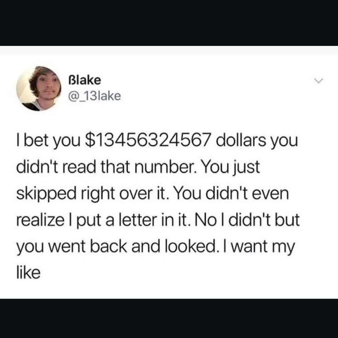 A funny meme of a clever viral tweet that tricks you into reading a long number multiple times.