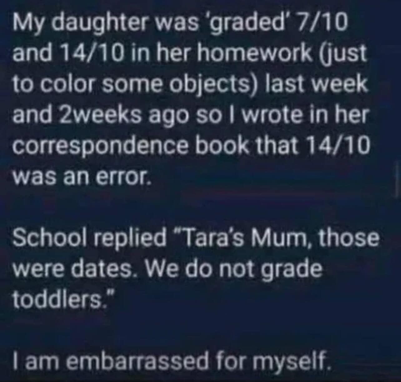 A funny story of a parent who embarrassed themselves by mistaking dates for grades on their toddler's homework.