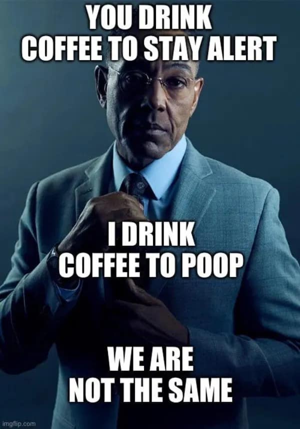 The popular Gus Fring "We are not the same" meme, which is used to compare people who drink coffee to stay alert versus people who drink coffee in order to poop.