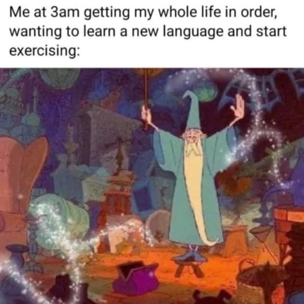 A relatable meme with Merlin from Disney about suddenly getting motivated to fix your life at 3am.