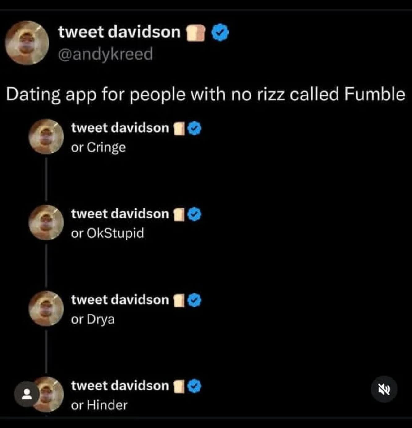 A funny and clever tweet thread with name suggestions for dating apps for people with no "rizz."
