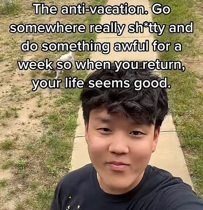 A funny meme proposing the brilliant idea of an "anti-vacation" to make you appreciate your normal life even more.