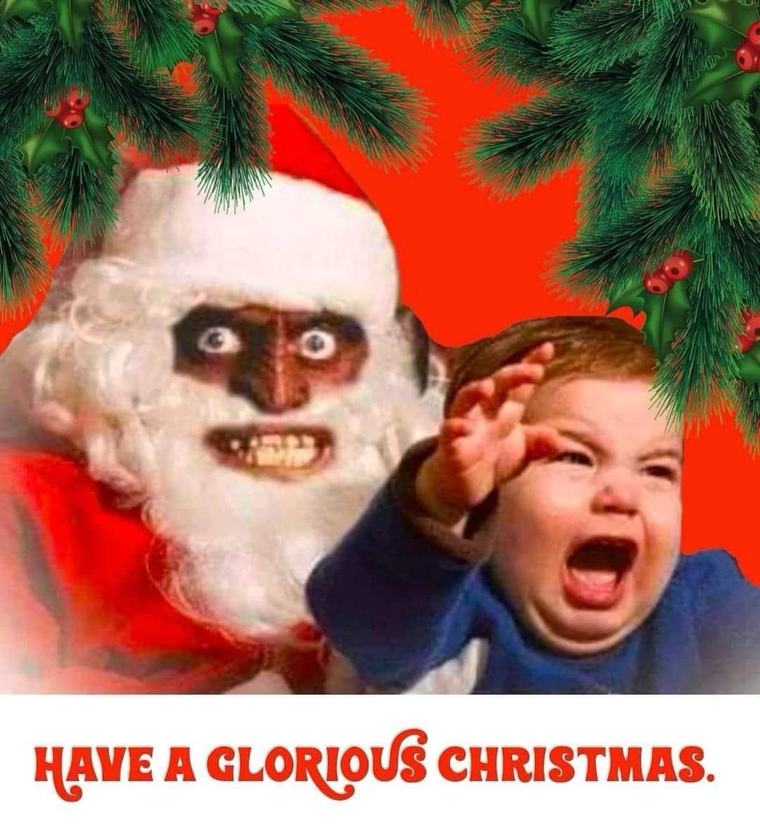 A cursed Christmas card meme featuring a very scary-looking Santa Claus and a terrified, screaming baby.