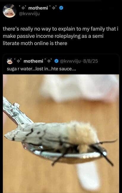 A screenshot of a hilarious tweet from a user who has a very bizarre and specific side hustle of roleplaying as a semi-literate moth online for passive income.