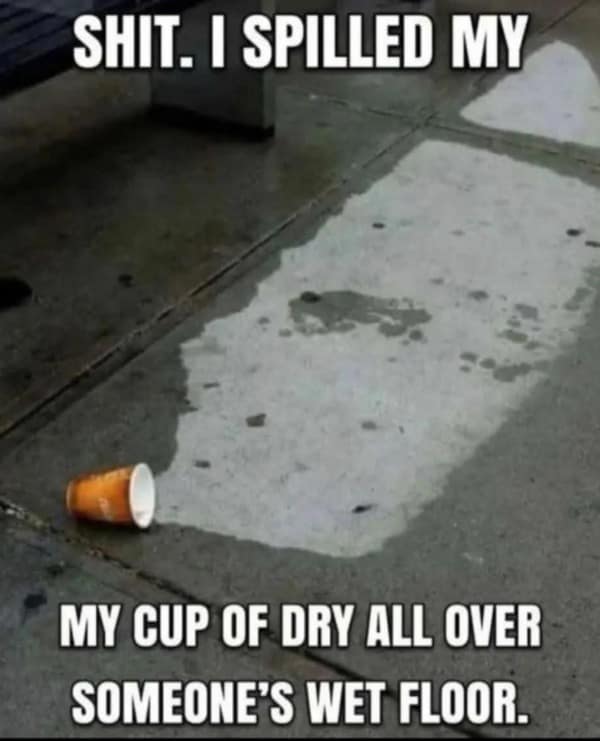 A hilarious and surreal meme with the caption "SHIT. I SPILLED MY" and the bizarre, nonsensical punchline "MY CUP OF DRY ALL OVER SOMEONE'S WET FLOOR."