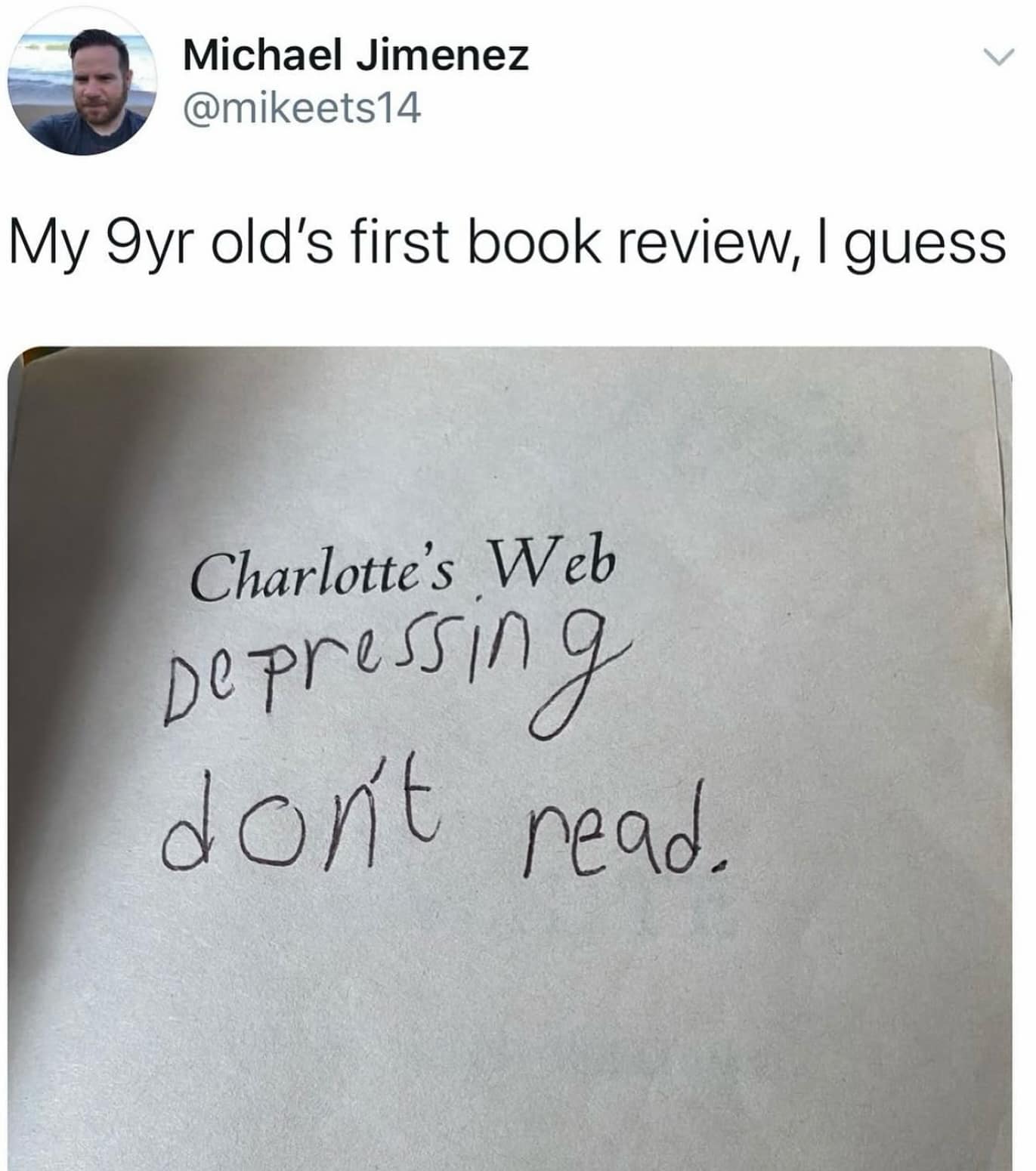 A funny tweet of a nine-year-old's brutally honest and very short book review for the classic book "Charlotte's Web."